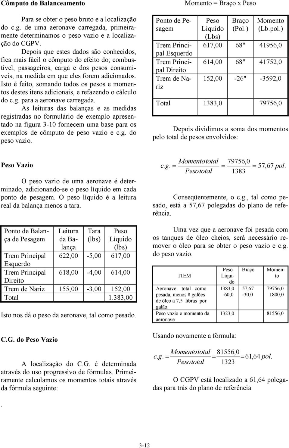 Isto é feito, somando todos os pesos e momentos destes itens adicionais, e refazendo o cálculo do c.g. para a aeronave carregada.