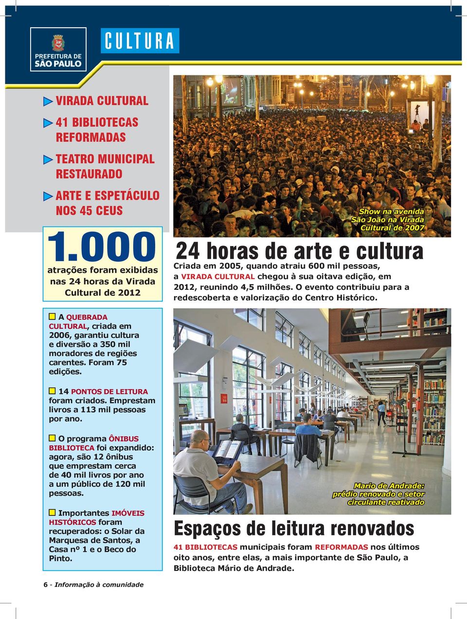 VIRADA CULTURAL chegou à sua oitava edição, em 2012, reunindo 4,5 milhões. O evento contribuiu para a redescoberta e valorização do Centro Histórico.