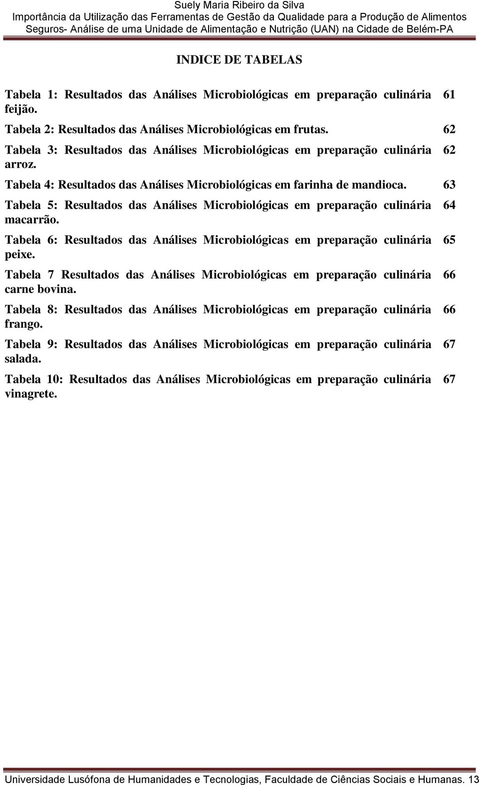 63 Tabela 5: Resultados das Análises Microbiológicas em preparação culinária macarrão. Tabela 6: Resultados das Análises Microbiológicas em preparação culinária peixe.