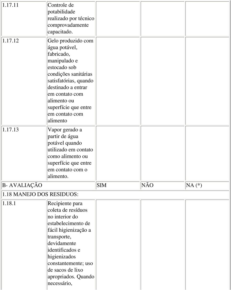 13 Vapor gerado a partir de água potável quando utilizado em contato como alimento ou superfície que entre em contato com o alimento. B- AVALIAÇÃO SIM NÃO NA (*) 1.