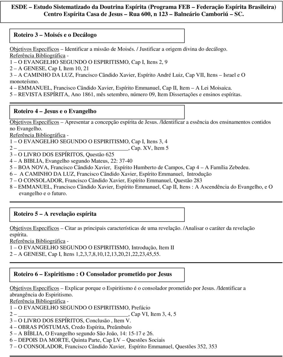 4 EMMANUEL, Francisco Cândido Xavier, Espírito Emmanuel, Cap II, Item A Lei Moisaica. 5 REVISTA ESPÍRITA, Ano 1861, mês setembro, número 09, Item Dissertações e ensinos espíritas.