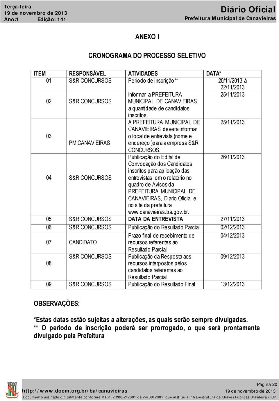 A PREFEITURA MUNICIPAL DE CANAVIEIRAS deverá informar o local de entrevista (nome e endereço )para a empresa S&R CONCURSOS.