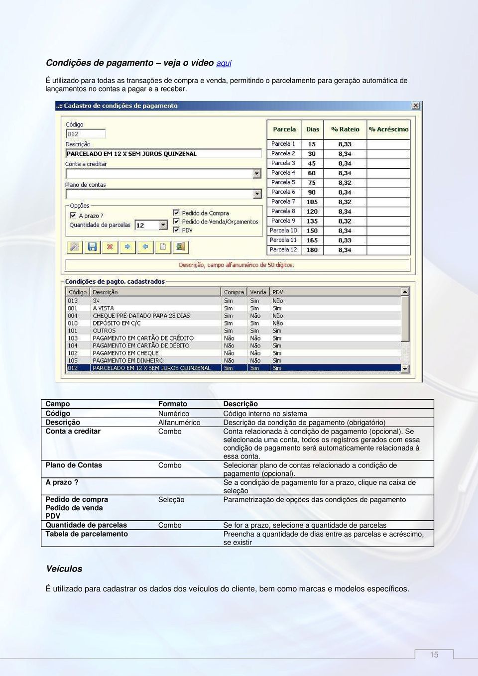 pagamento (opcional). Se selecionada uma conta, todos os registros gerados com essa condição de pagamento será automaticamente relacionada à essa conta.