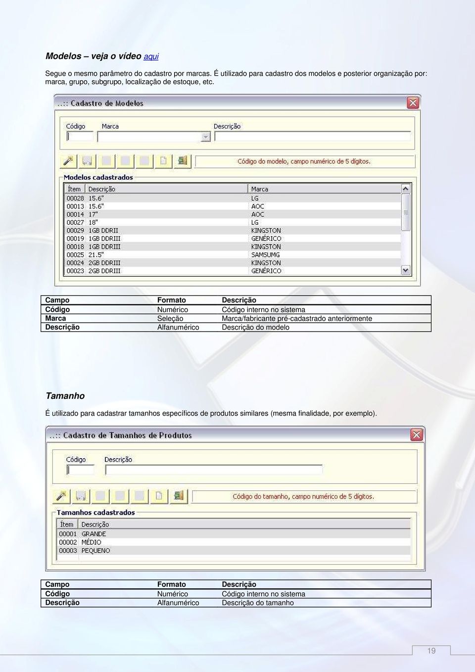 Campo Formato Descrição Código Numérico Código interno no sistema Marca Seleção Marca/fabricante pré-cadastrado anteriormente Descrição