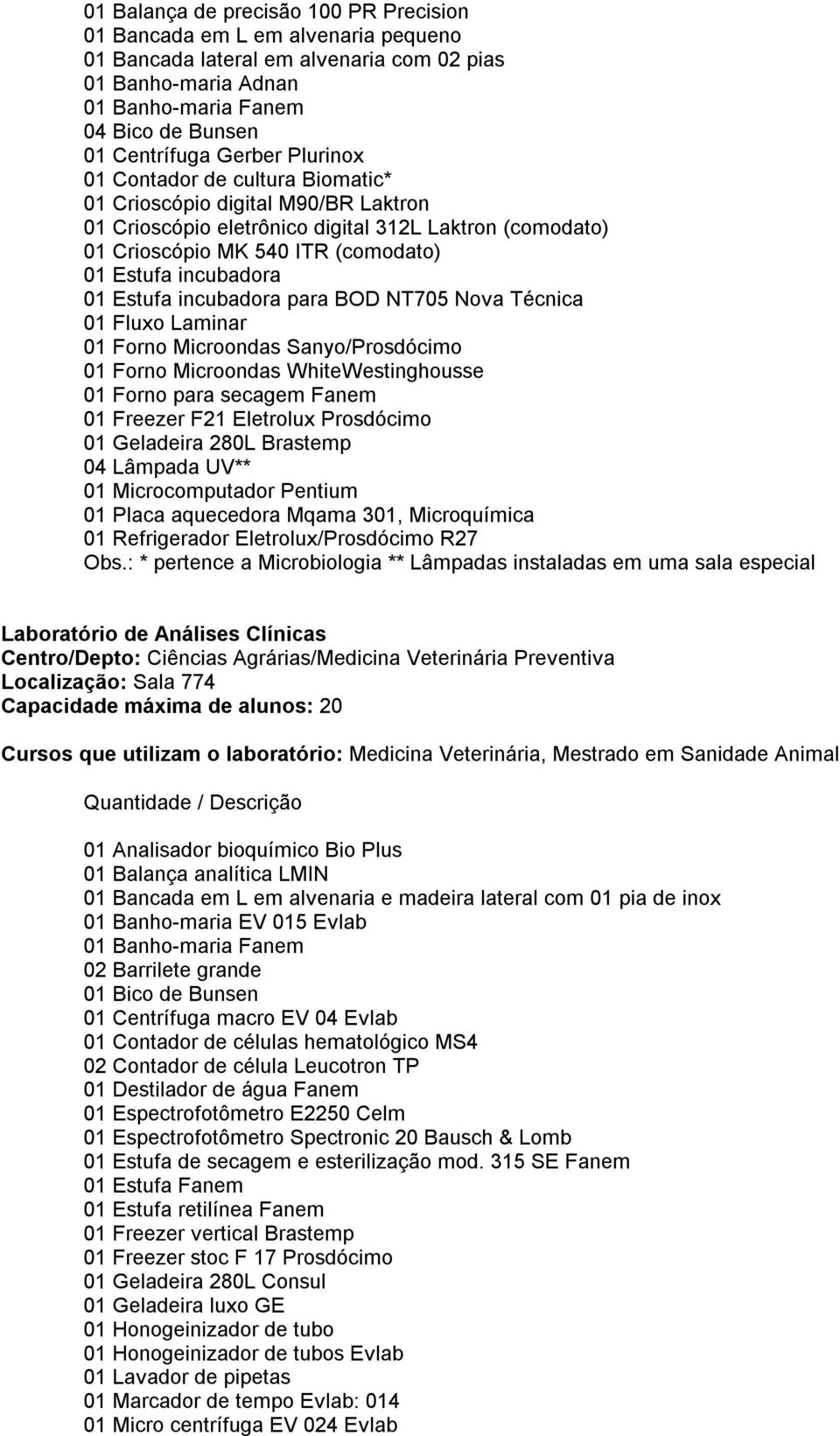 01 Estufa incubadora para BOD NT705 Nova Técnica 01 Fluxo Laminar 01 Forno Microondas Sanyo/Prosdócimo 01 Forno Microondas WhiteWestinghousse 01 Forno para secagem Fanem 01 Freezer F21 Eletrolux