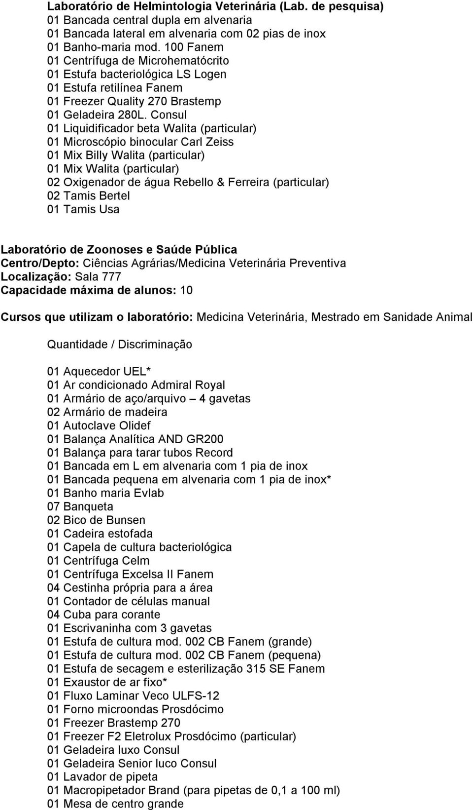 Consul 01 Liquidificador beta Walita (particular) 01 Microscópio binocular Carl Zeiss 01 Mix Billy Walita (particular) 01 Mix Walita (particular) 02 Oxigenador de água Rebello & Ferreira (particular)