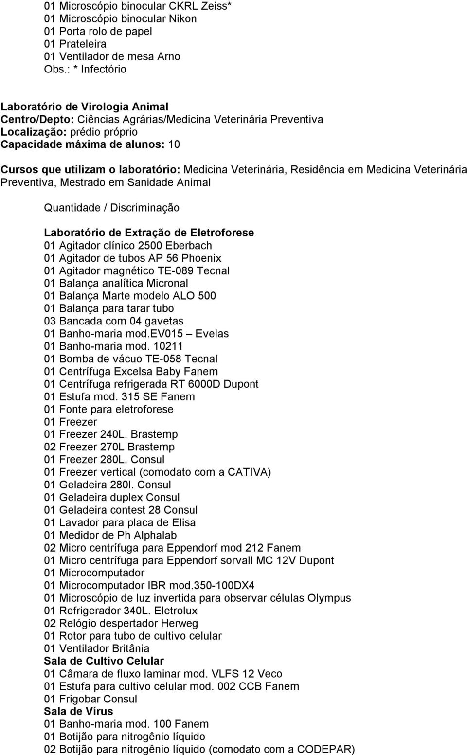 laboratório: Medicina Veterinária, Residência em Medicina Veterinária Preventiva, Mestrado em Sanidade Animal Quantidade / Discriminação Laboratório de Extração de Eletroforese 01 Agitador clínico