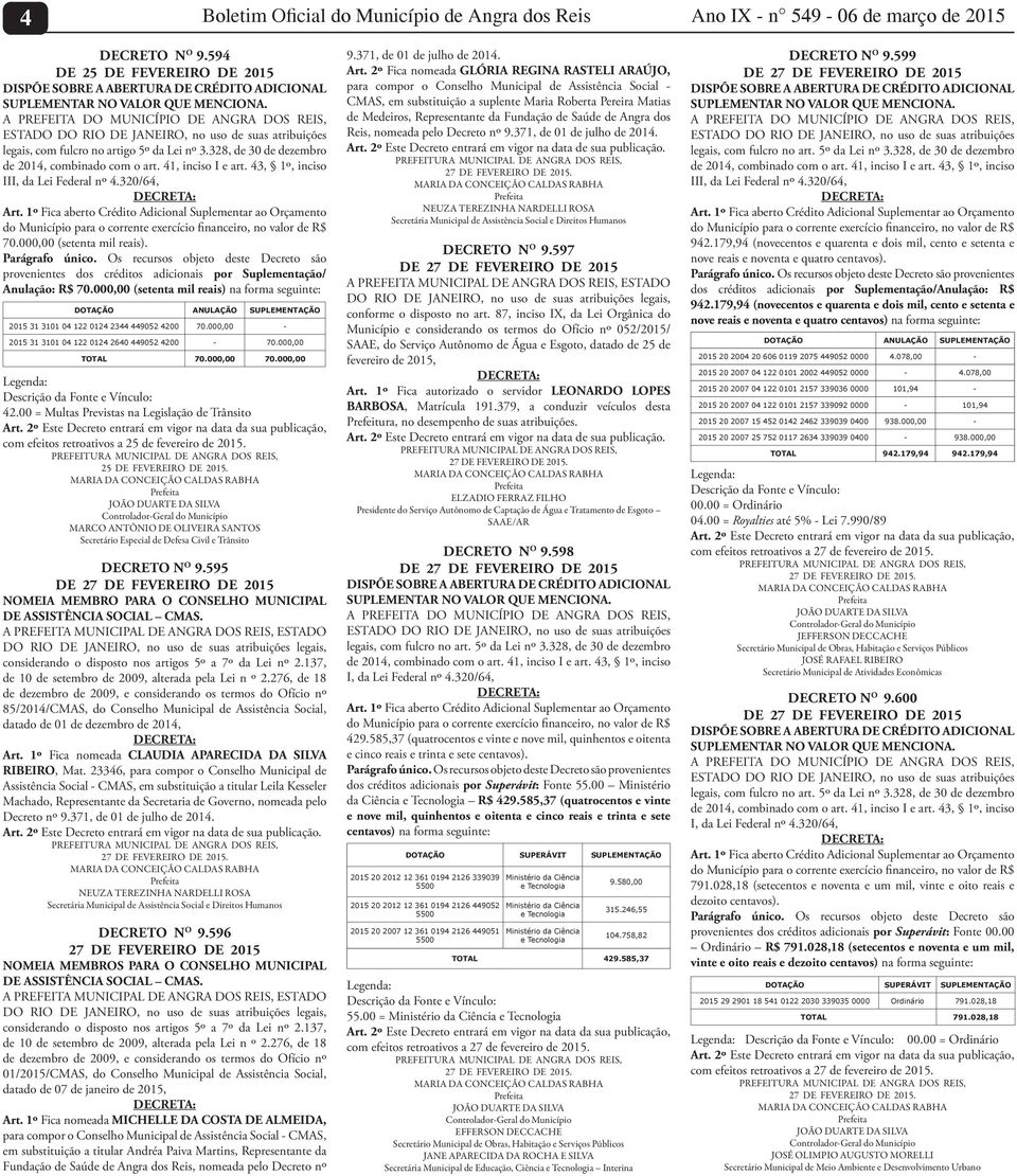 A PREFEITA DO MUNICÍPIO DE ANGRA DOS REIS, ESTADO DO RIO DE JANEIRO, no uso de suas atribuições legais, com fulcro no artigo 5º da Lei nº 3.328, de 30 de dezembro de 2014, combinado com o art.