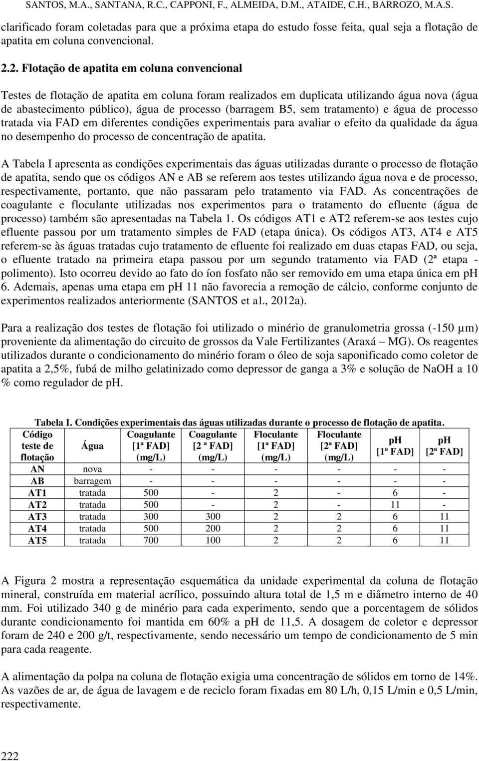 B5, sem tratamento) e água de processo tratada via FAD em diferentes condições experimentais para avaliar o efeito da qualidade da água no desempenho do processo de concentração de apatita.