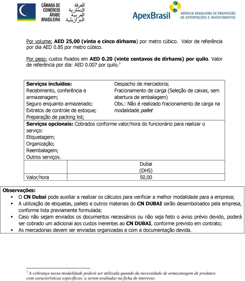 1 Serviços incluídos: Recebimento, conferência e armazenagem; Seguro enquanto armazenado; Extratos de controle de estoque; Preparação de packing list; Despacho de mercadoria; Fracionamento de carga