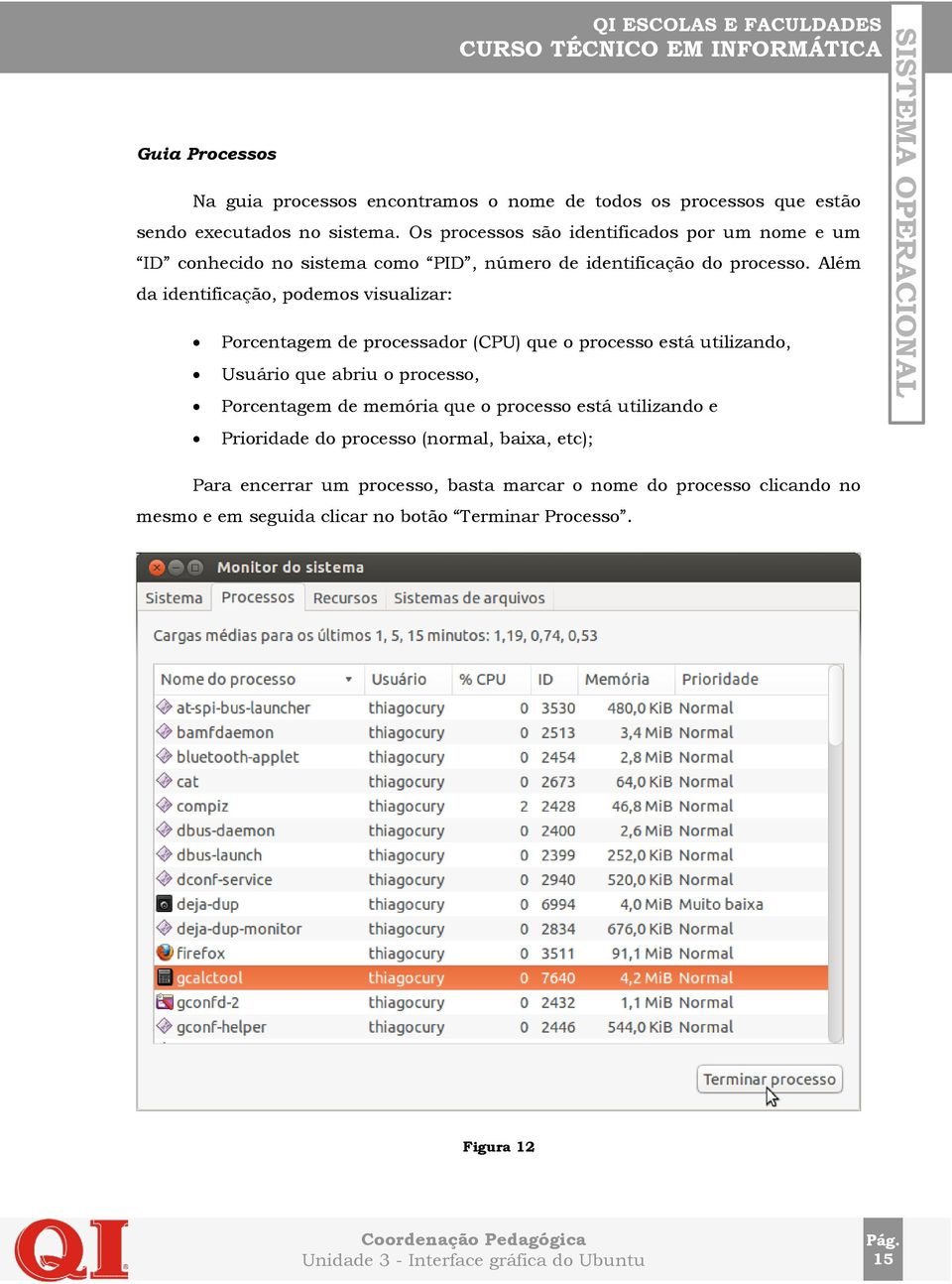 Além da identificação, podemos visualizar: Porcentagem de processador (CPU) que o processo está utilizando, Usuário que abriu o processo, Porcentagem