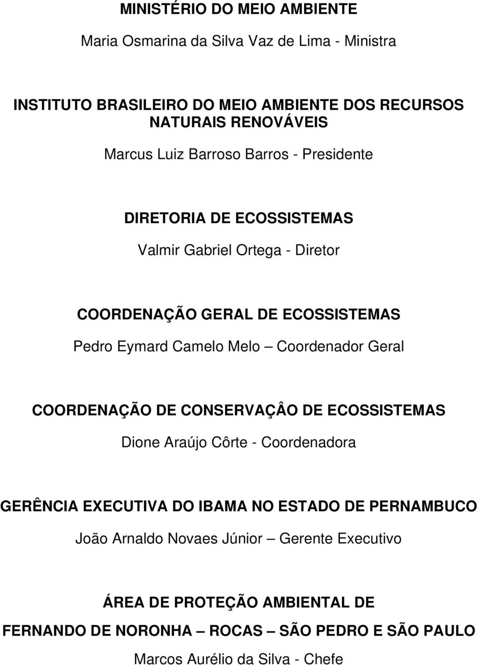 Camelo Melo Coordenador Geral COORDENAÇÃO DE CONSERVAÇÂO DE ECOSSISTEMAS Dione Araújo Côrte - Coordenadora GERÊNCIA EXECUTIVA DO IBAMA NO ESTADO DE