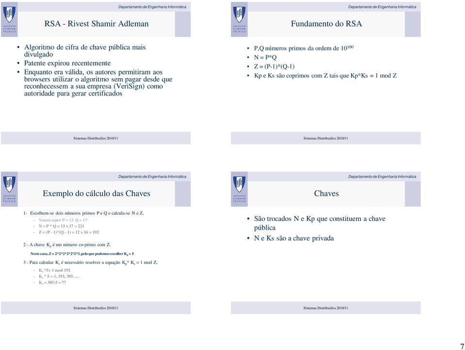 tais que Kp*Ks = 1 mod Z Exemplo do cálculo das Chaves Chaves 1- Escolhem-se dois números primos P e Q e calcula-se N e Z, Vamos supor P = 13, Q = 17: N = P * Q = 13 x 17 = 221 Z = (P - 1)*(Q - 1) =