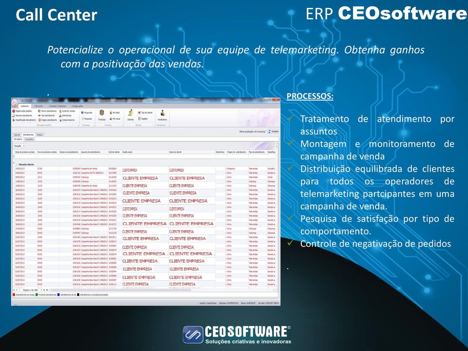 . PROCESSOS: Tratamento de atendimento por assuntos Montagem e monitoramento de campanha de venda