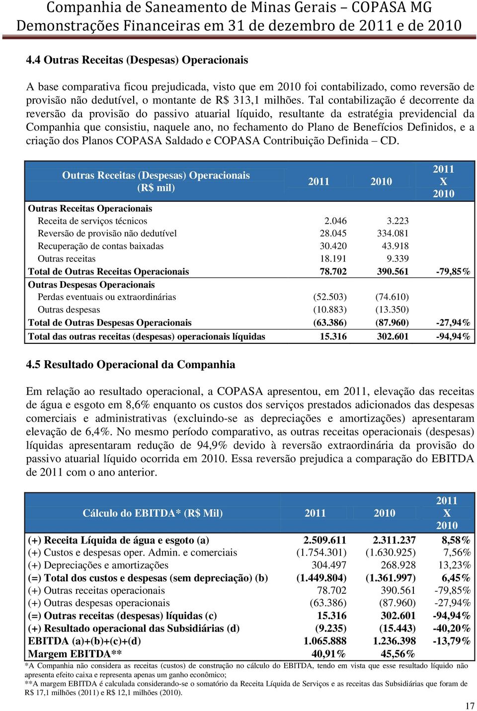 Benefícios Definidos, e a criação dos Planos COPASA Saldado e COPASA Contribuição Definida CD.