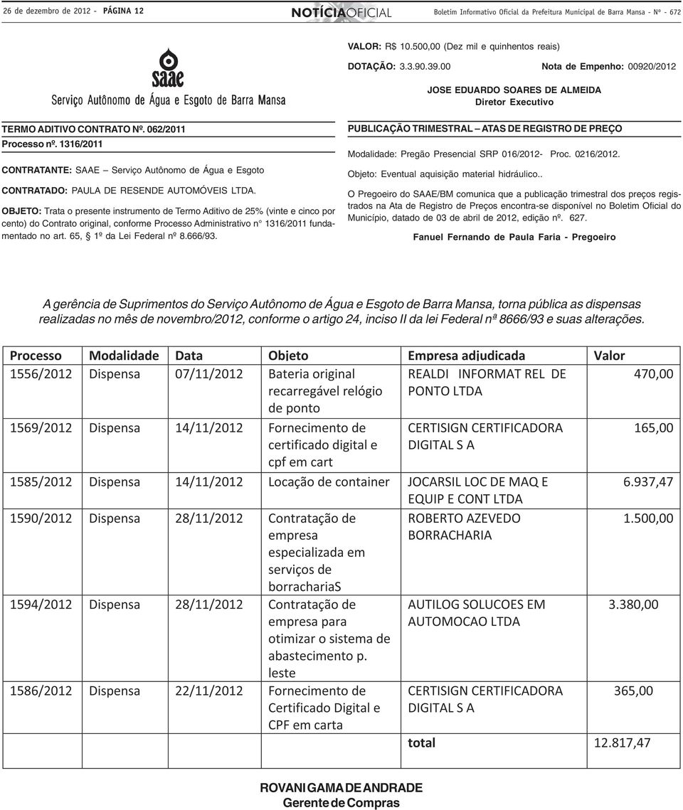 1316/2011 CONTRATANTE: SAAE Serviço Autônomo de Água e Esgoto CONTRATADO: PAULA DE RESENDE AUTOMÓVEIS LTDA.