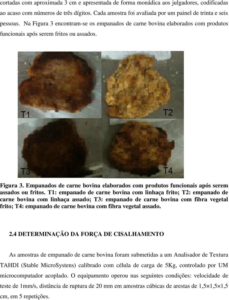 T1: empanado de carne bovina com linhaça frito; T2: empanado de carne bovina com linhaça assado; T3: empanado de carne bovina com fibra vegetal frito; T4: empanado de carne bovina com fibra vegetal