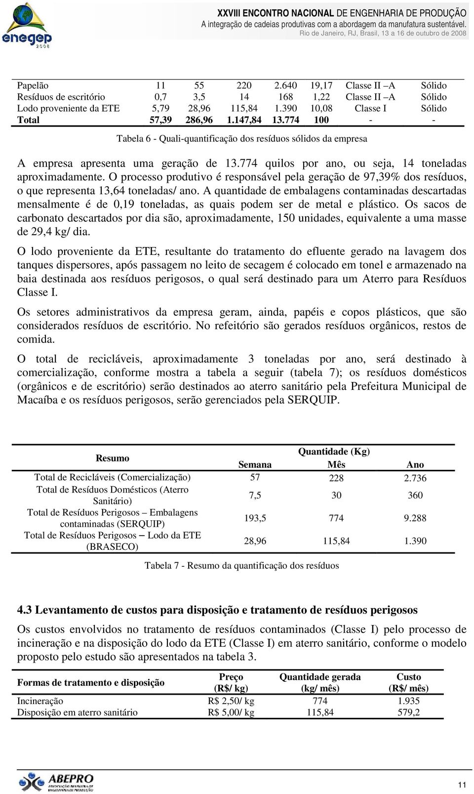 774 quilos por ano, ou seja, 14 toneladas aproximadamente. O processo produtivo é responsável pela geração de 97,39% dos resíduos, o que representa 13,64 toneladas/ ano.