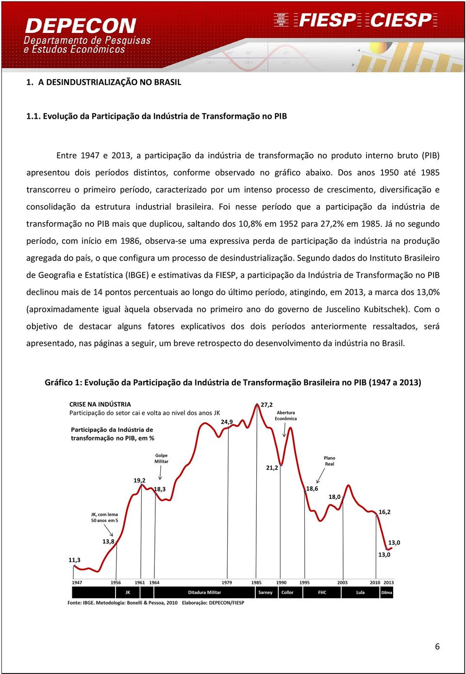 Dos anos 1950 até 1985 transcorreu o primeiro período, caracterizado por um intenso processo de crescimento, diversificação e consolidação da estrutura industrial brasileira.