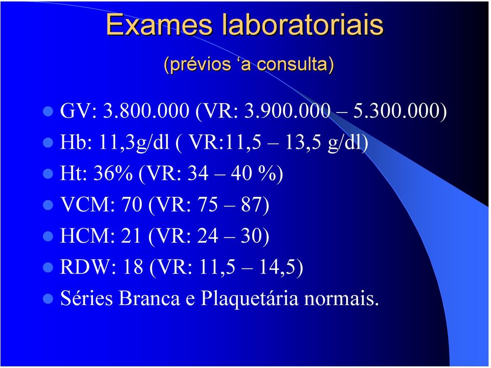 000) Hb: 11,3g/dl ( VR:11,5 13,5 g/dl) Ht: 36% (VR: 34 40