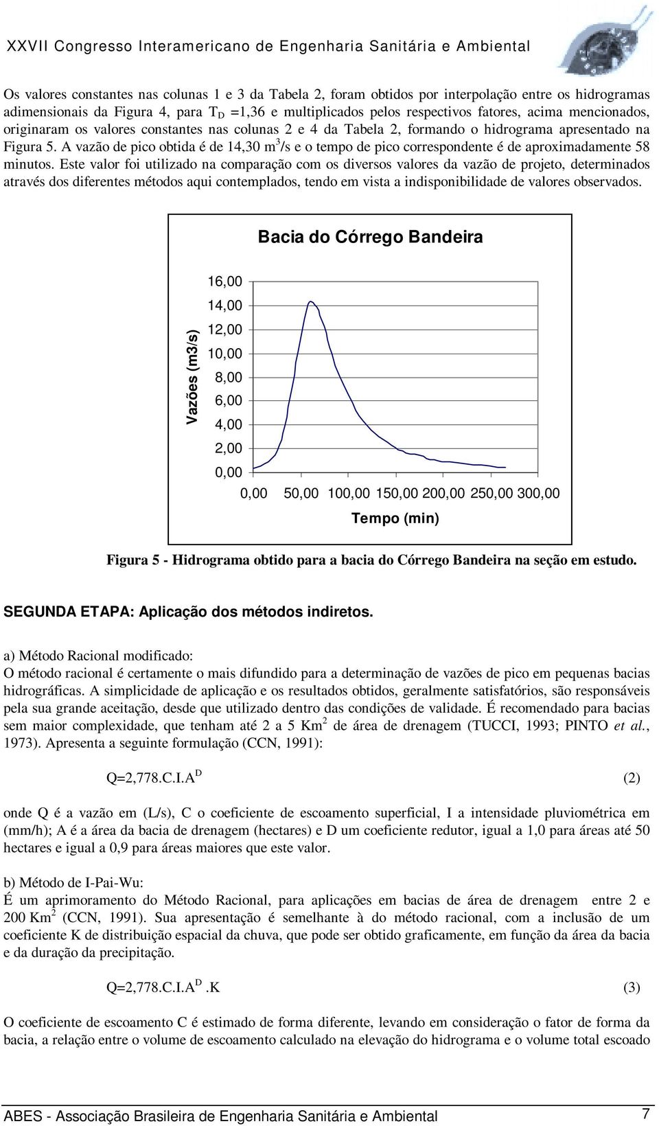 A vazão de pico obtida é de 14,30 m 3 /s e o tempo de pico correspondente é de aproximadamente 58 minutos.