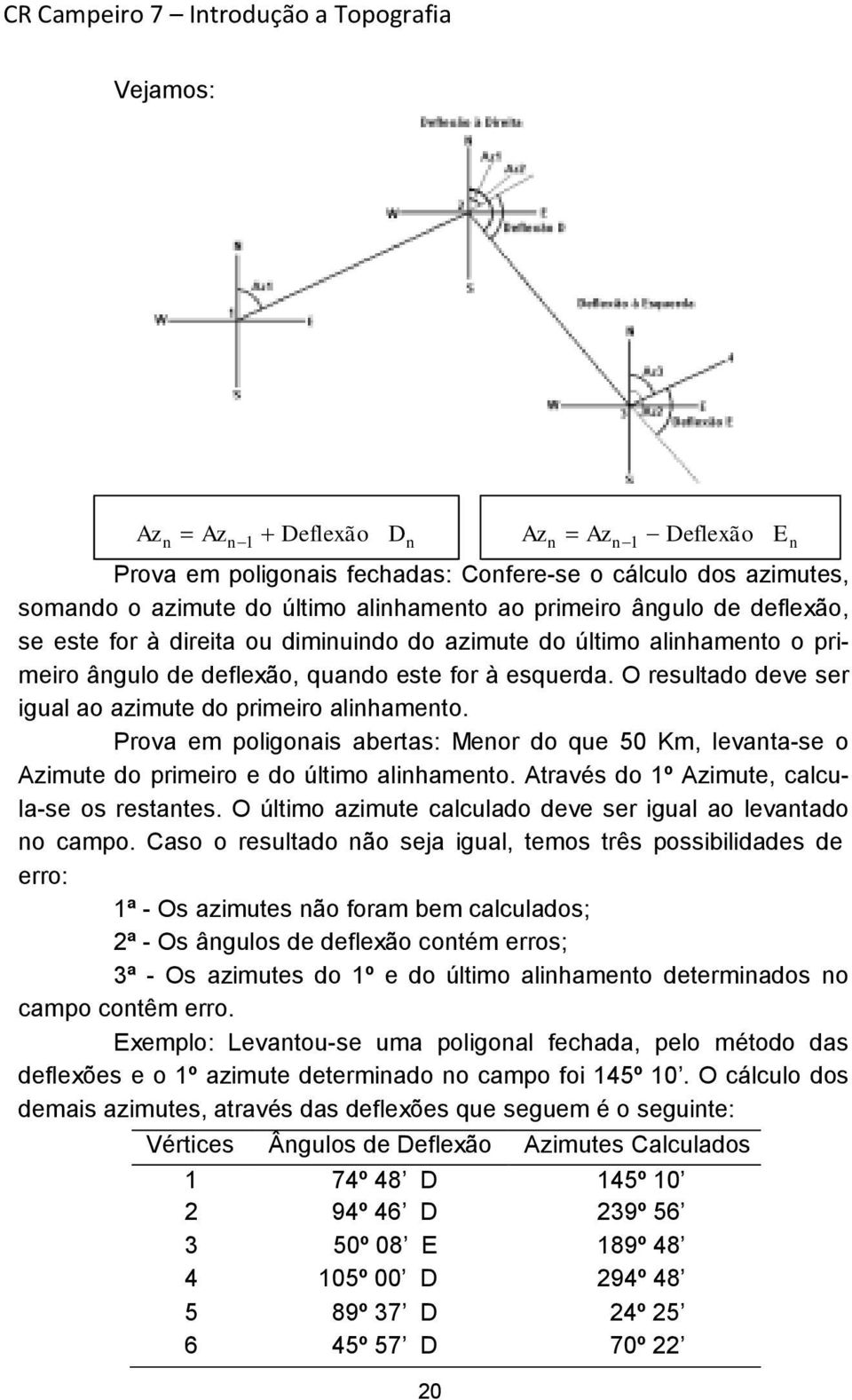 Prova em poligonais abertas: Menor do que 50 Km, levanta-se o Azimute do primeiro e do último alinhamento. Através do 1º Azimute, calcula-se os restantes.