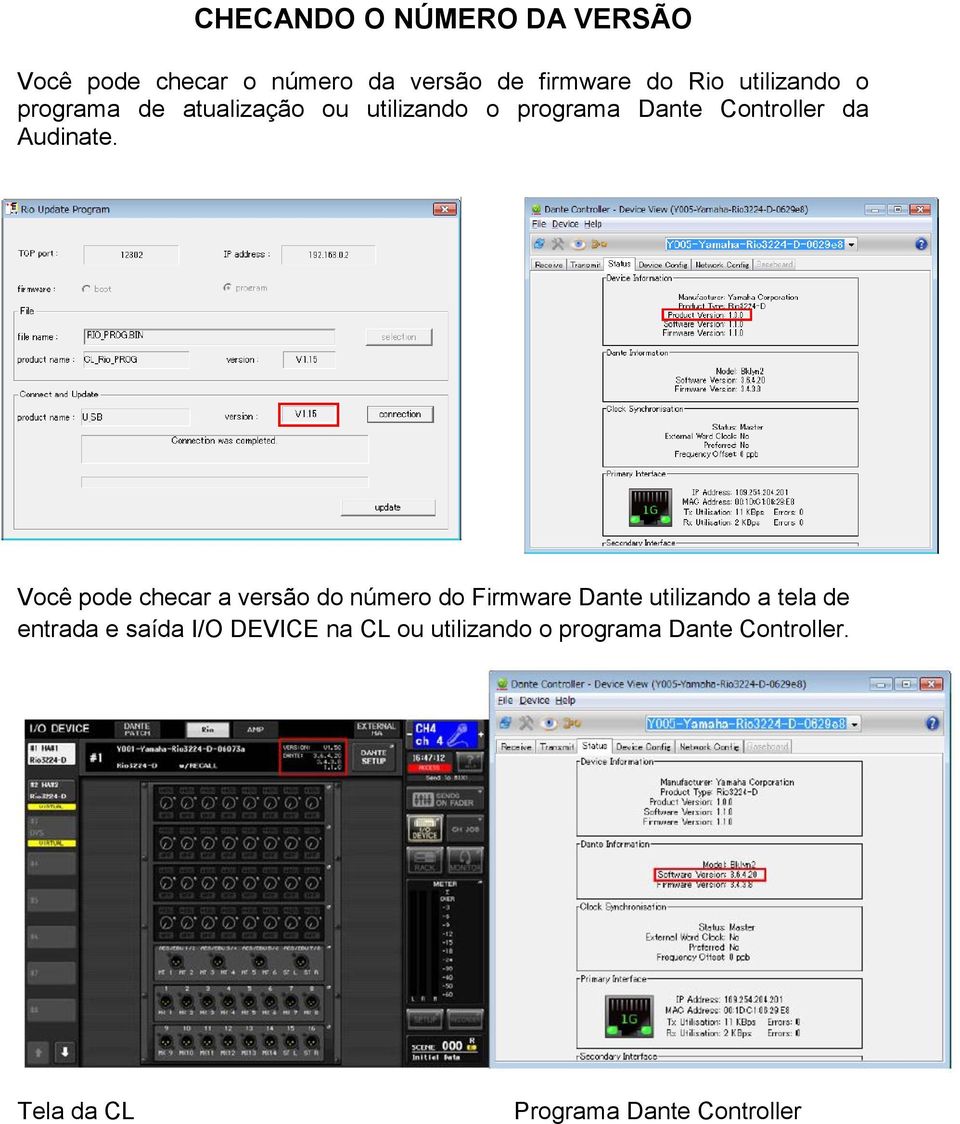 Você pode checar a versão do número do Firmware Dante utilizando a tela de entrada e saída