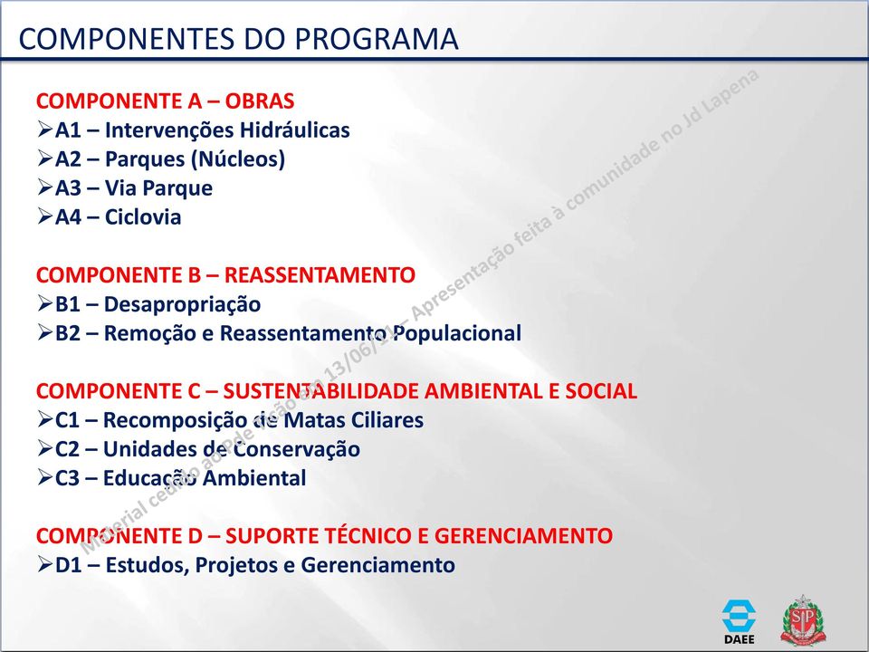 Populacional COMPONENTE C SUSTENTABILIDADE AMBIENTAL E SOCIAL C1 Recomposição de Matas Ciliares C2