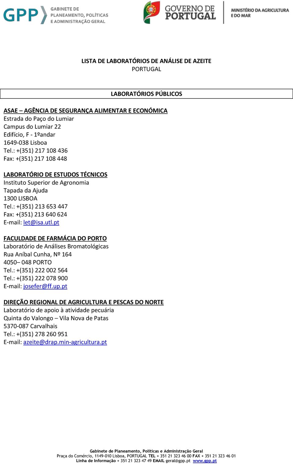 : +(351) 213 653 447 Fax: +(351) 213 640 624 E-mail: let@isa.utl.pt FACULDADE DE FARMÁCIA DO PORTO Laboratório de Análises Bromatológicas Rua Aníbal Cunha, Nº 164 4050 048 PORTO Tel.