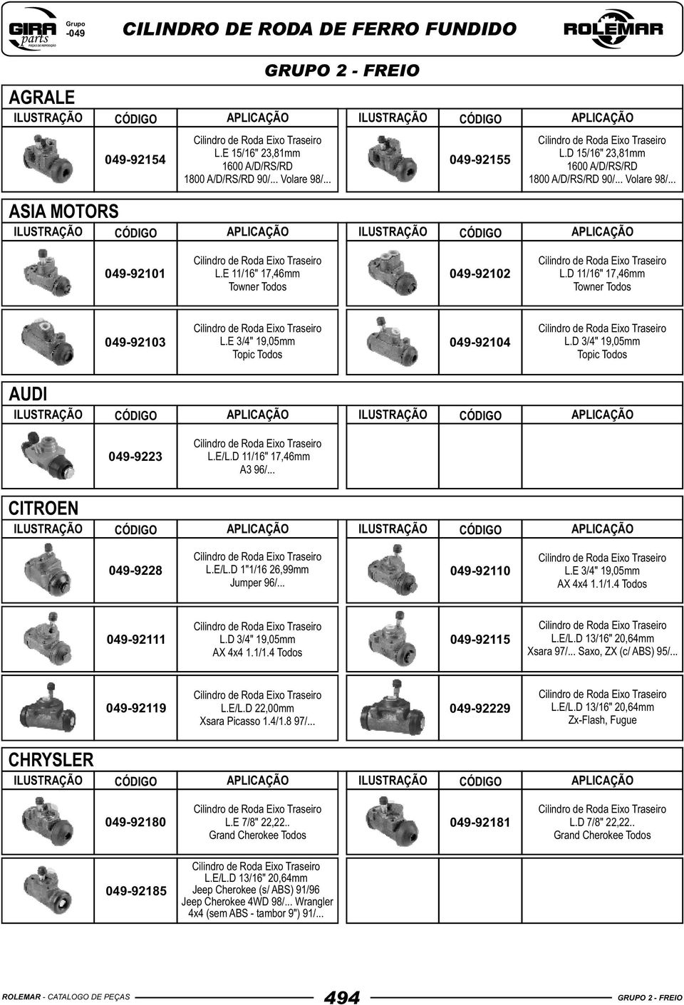 .. 04992110 AX 4x4 1.1/1.4 Todos 04992111 AX 4x4 1.1/1.4 Todos 04992115 Xsara 97/... Saxo, ZX (c/ ABS) 95/... 04992119 L.E/L.D 22,00mm Xsara Picasso 1.4/1.8 97/.