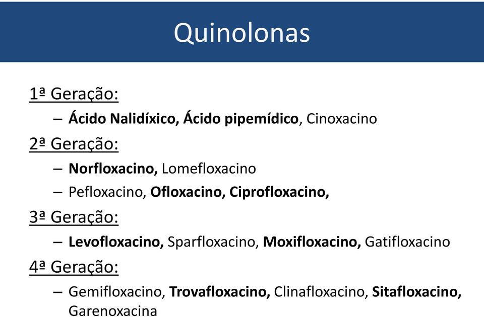 Ciprofloxacino, 3ª Geração: Levofloxacino, Sparfloxacino, Moxifloxacino,