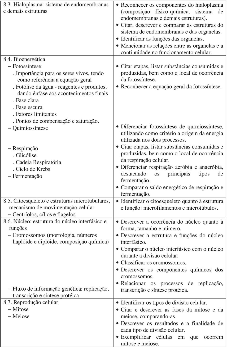 Cadeia Respiratória. Ciclo de Krebs Fermentação 8.5. Citoesqueleto e estruturas microtubulares, mecanismo de movimentação celular Centríolos, cílios e flagelos 8.6.