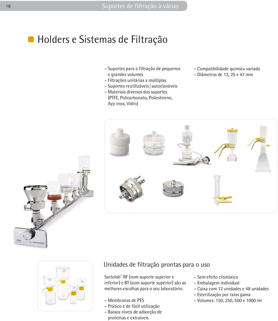 prontas para o uso Sartolab RF (com suporte superior e inferior) e BT (com suporte superior) são as melhores escolhas para o seu laboratório: Membranas de PES Prático e de fácil