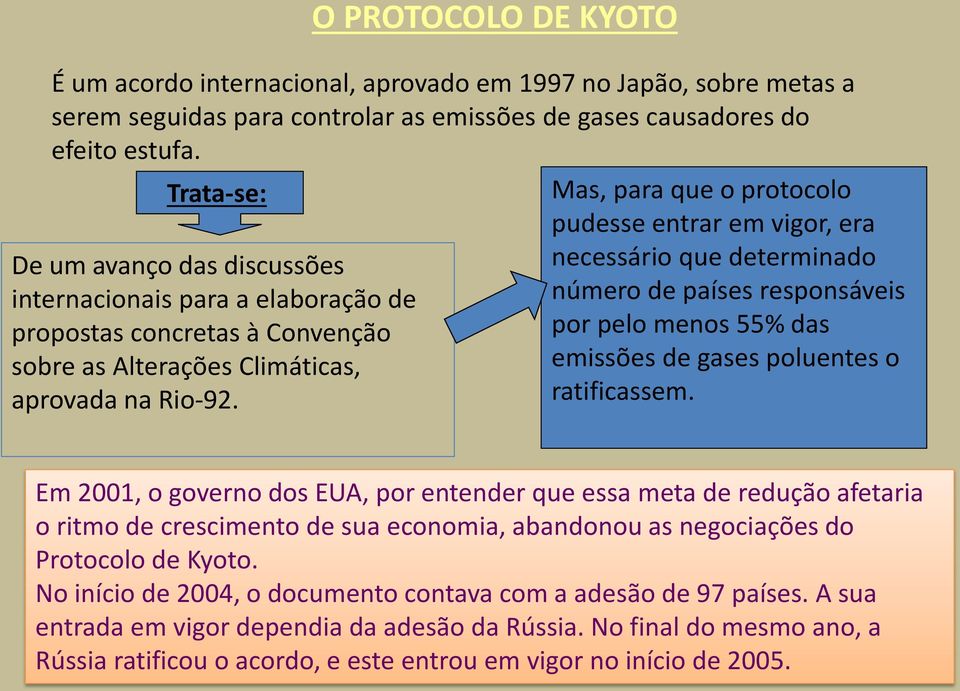 Mas, para que o protocolo pudesse entrar em vigor, era necessário que determinado número de países responsáveis por pelo menos 55% das emissões de gases poluentes o ratificassem.