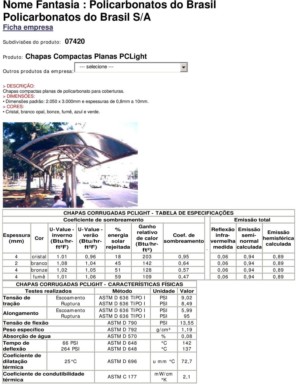 Cor U-Value - inverno (Btu/hrft²F) CHAPAS CORRUGADAS PCLIGHT - TABELA DE ESPECIFICAÇÕES Coeficiente de sombreamento U-Value - verão (Btu/hrft²F) % energia solar rejeitada Ganho relativo de calor