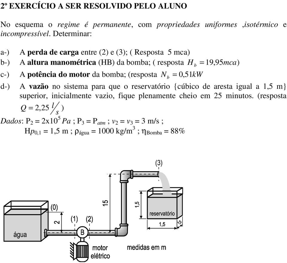 do motor da bomba; (resposta N b = 0, 51kW d-) A vazão no sistema para que o reservatório {cúbico de aresta igual a 1,5 m} superior, inicialmente