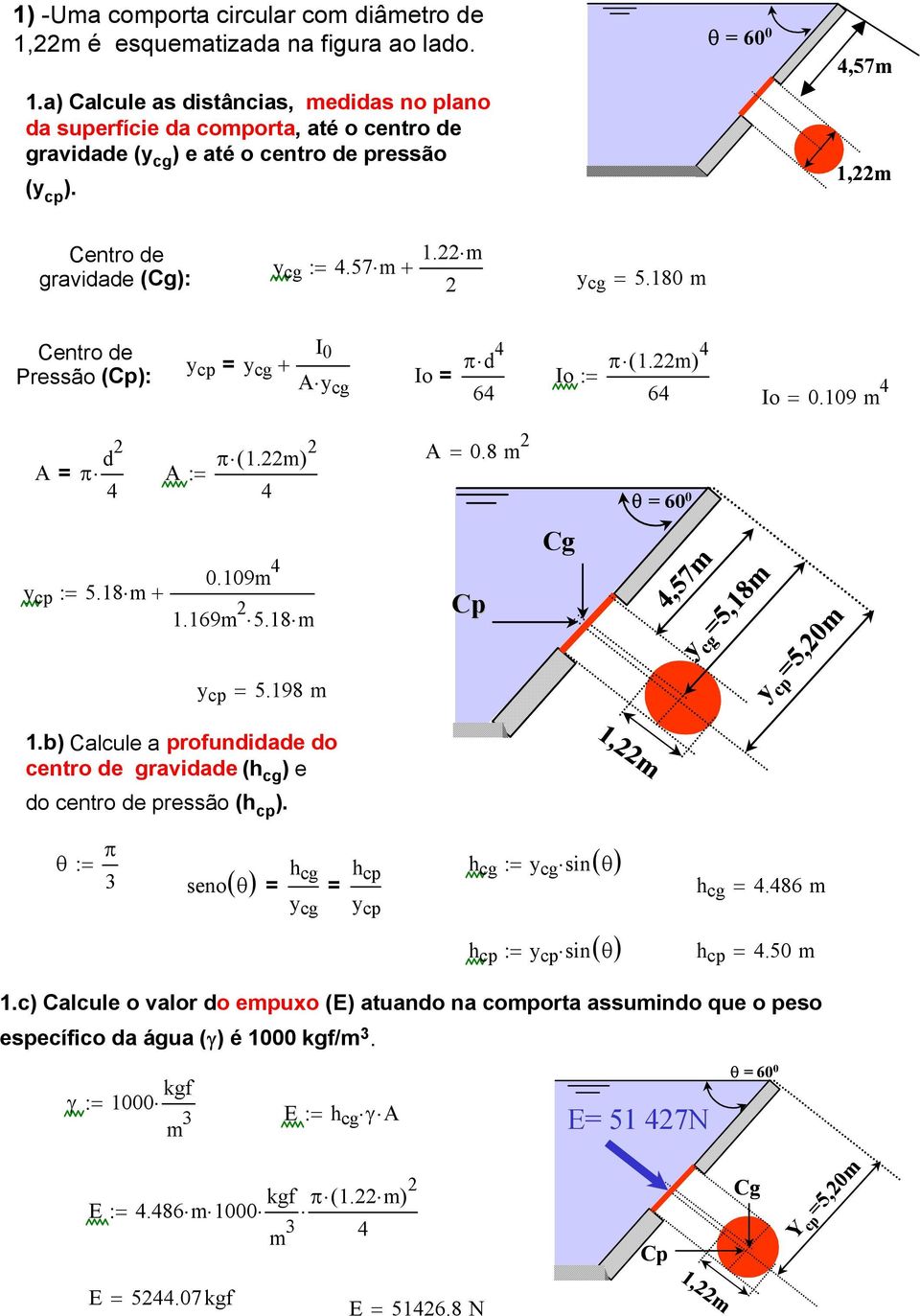 18 m 0.109m 1.169m 2 5.18 m y cp 5.198 m Cp Cg,57m,57m cg 5,18m y cp 5,20m 1.b) Calcule a profundidade do centro de gravidade (h cg ) e 1,22m do centro de pressão (h cp ).