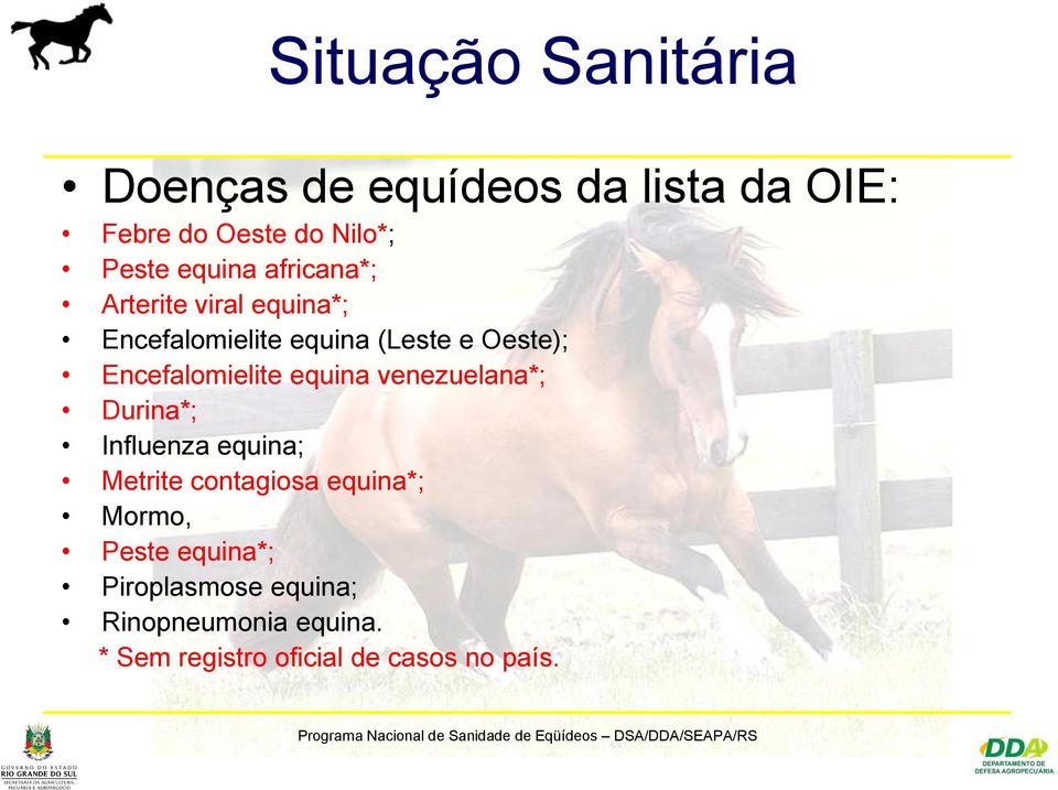 Durina*; Influenza equina; Metrite contagiosa equina*; Mormo, Peste equina*; Piroplasmose equina;