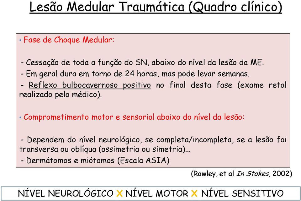 - Reflexo bulbocavernoso positivo no final desta fase (exame retal realizado pelo médico).