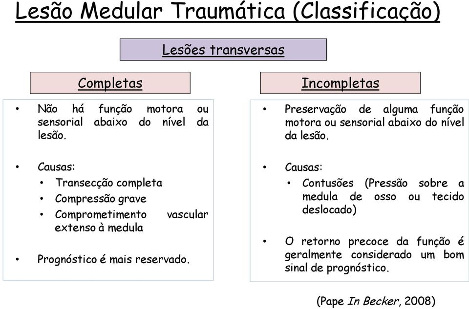 Causas: Transecção completa Compressão grave Comprometimento vascular extenso à medula Prognóstico é mais reservado.