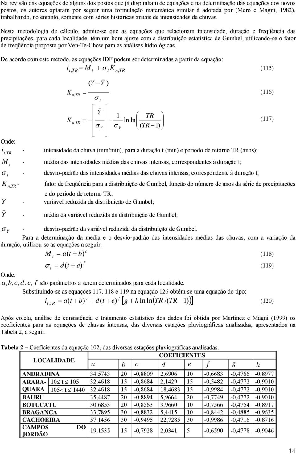 Nesa meodologa de cálculo, adme-se que as equações que relaconam nensdade, duração e freqüênca das precpações, para cada localdade, êm um bom ajuse com a dsrbução esaísca de Gumbel, ulzando-se o faor