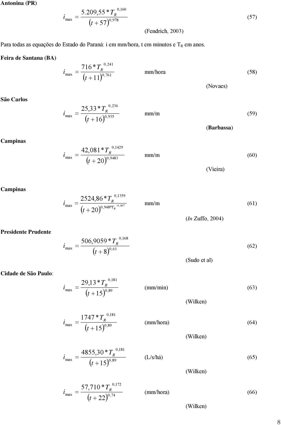 mm/m (60) (Vera) Campnas ( + 20) 0,948* 0,1359 2524,86* T mm/m (61) 0,007 T (In Zuffo, 2004) Presdene Prudene 506,9059* T ( + 8) 0, 61 0,168 (Sudo e al) (62) Cdade de São