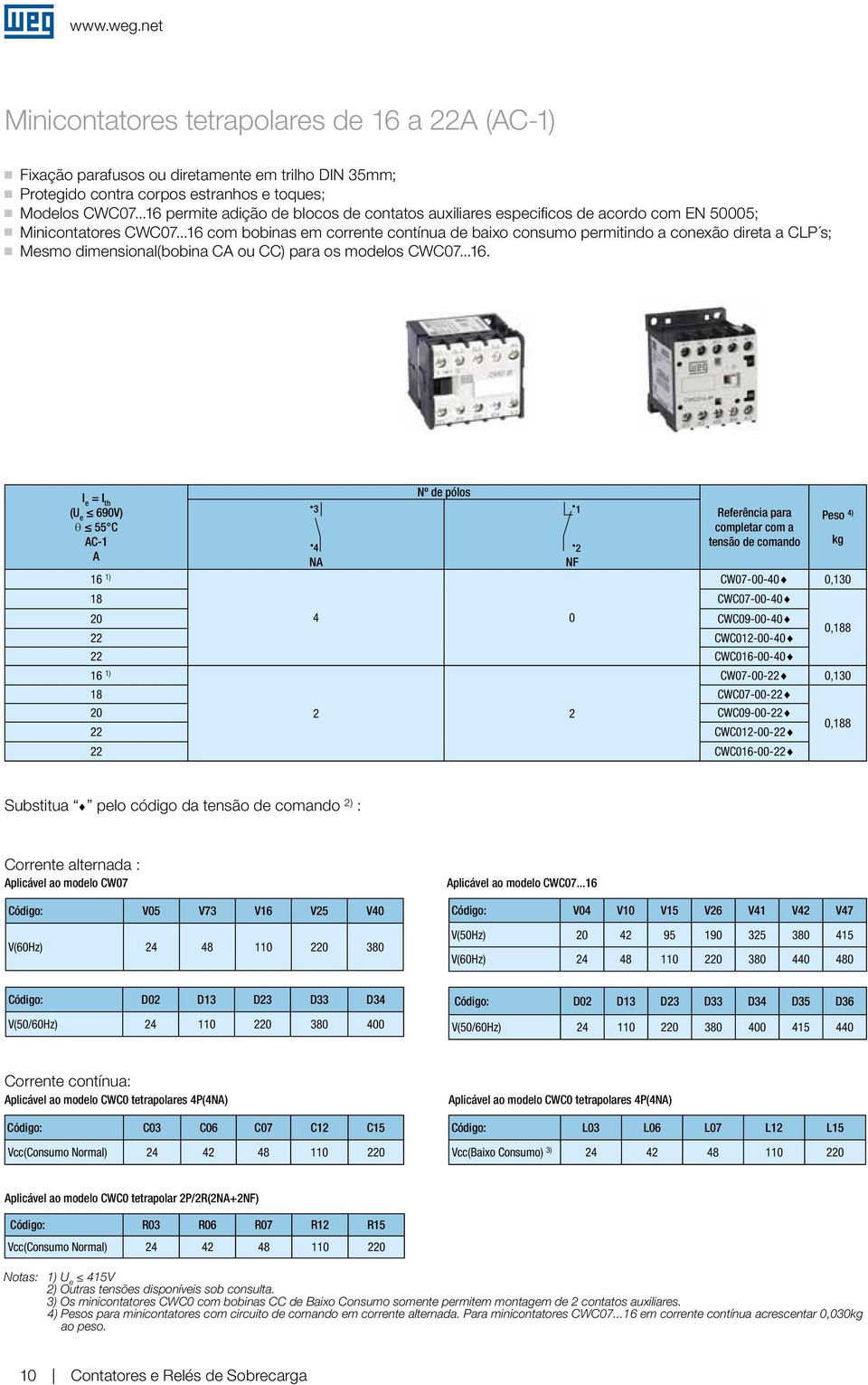 ..6 com bobinas em corrente contínua de baixo consumo permitindo a conexão direta a CLP s; g Mesmo dimensional(bobina CA ou CC) para os modelos CWC07...6. I e = I th (U e 690V) θ 55 C AC- A 6 ) 3 4