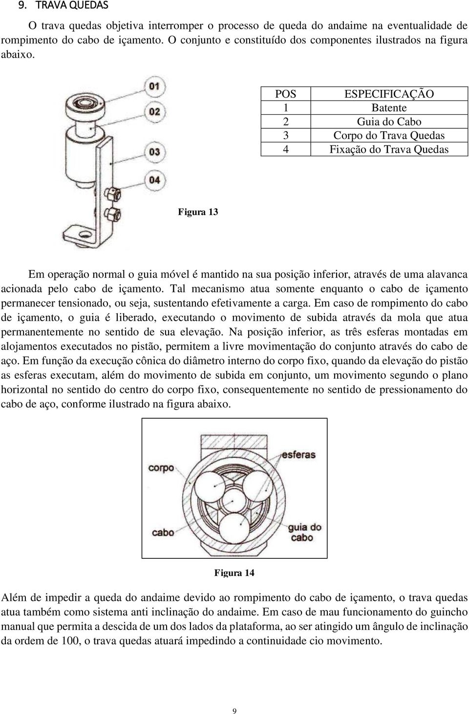 POS ESPECIFICAÇÃO 1 Batente 2 Guia do Cabo 3 Corpo do Trava Quedas 4 Fixação do Trava Quedas Figura 13 Em operação normal o guia móvel é mantido na sua posição inferior, através de uma alavanca