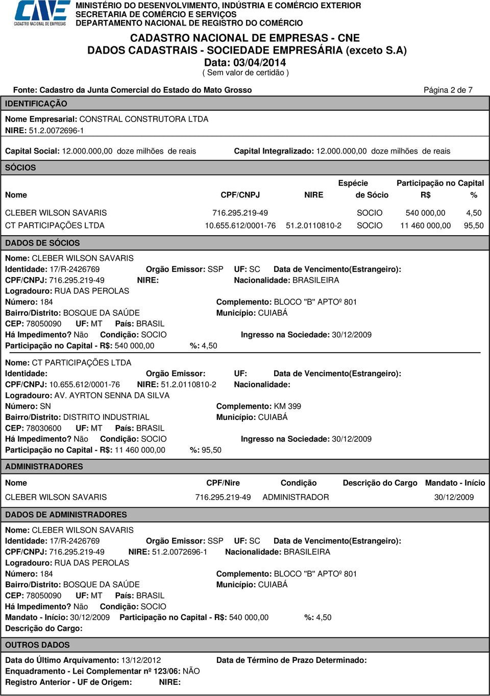 295.219-49 NIRE: Nacionalidade: BRASILEIRA Logradouro: RUA DAS PEROLAS Número: 184 BLOCO ''B'' APTOº 801 Bairro/Distrito: BOSQUE DA SAÚDE CEP: 78050090 UF: MT País: BRASIL Há Impedimento?