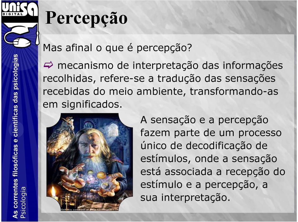 recebidas do meio ambiente, transformando-as em significados.