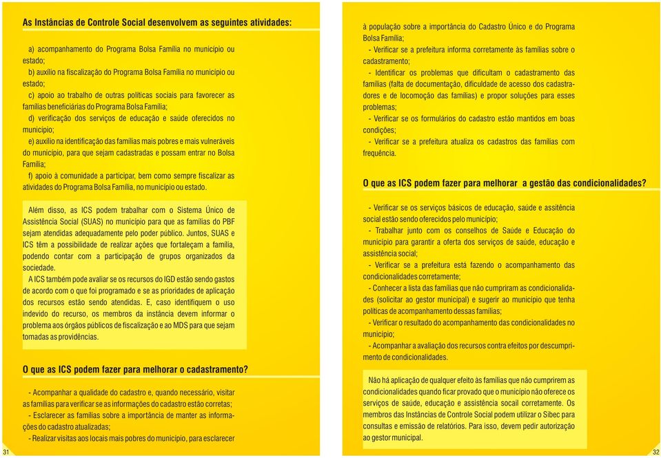 município; e) auxílio na identificação das famílias mais pobres e mais vulneráveis do município, para que sejam cadastradas e possam entrar no Bolsa Família; f) apoio à comunidade a participar, bem