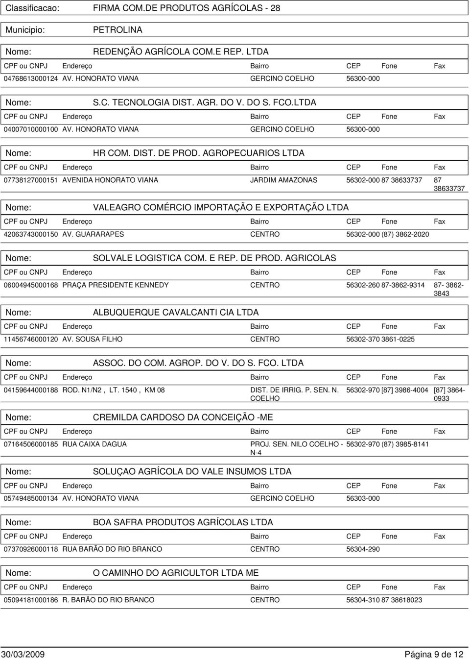 AGROPECUARIOS LTDA 07738127000151 AVENIDA HONORATO VIANA JARDIM AMAZONAS 56302-000 87 38633737 87 38633737 VALEAGRO COMÉRCIO IMPORTAÇÃO E EXPORTAÇÃO LTDA 42063743000150 AV.
