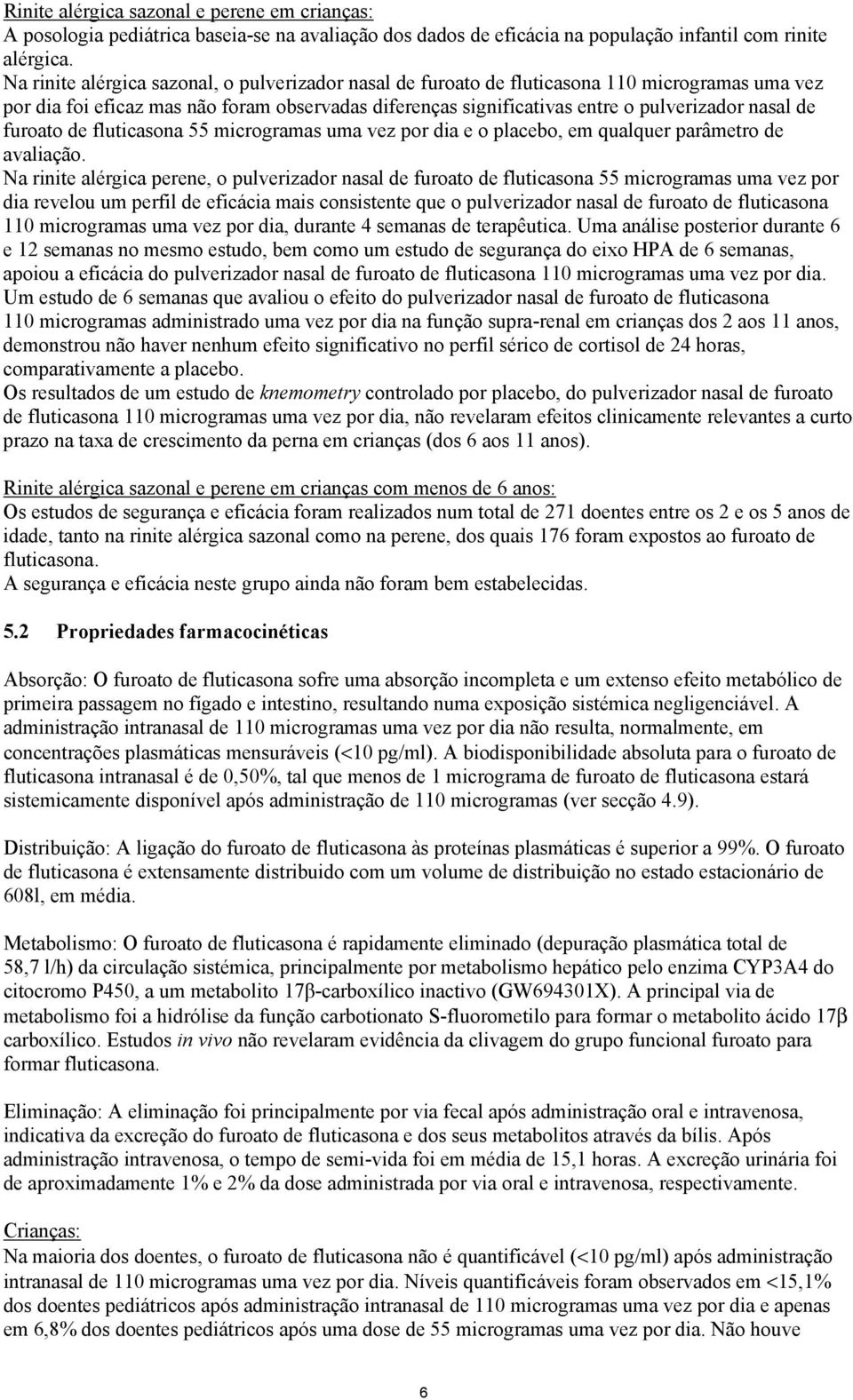 furoato de fluticasona 55 microgramas uma vez por dia e o placebo, em qualquer parâmetro de avaliação.