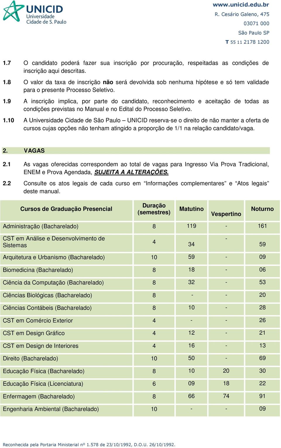 9 A inscrição implica, por parte do candidato, reconhecimento e aceitação de todas as condições previstas no Manual e no Edital do Processo Seletivo. 1.